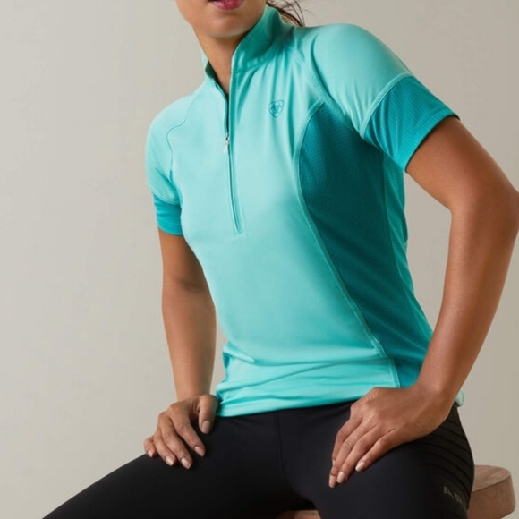 Ariat Cambria Jersey 1/4 zip S/S women's sz sm, 10043470 pool blue/viridian grn - Picture 2 of 7